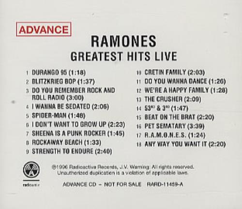 The Ramones Greatest Hits Live US Promo CD album (CDLP) (85678)